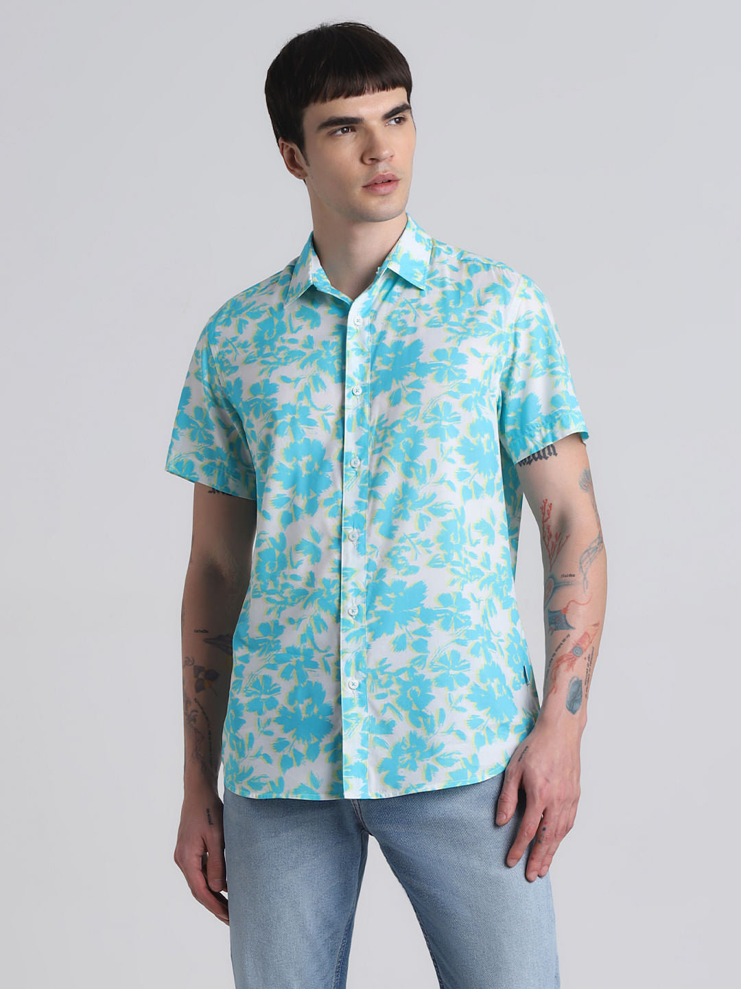 Blue Floral Short Sleeves Shirt