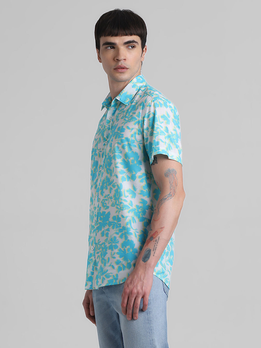 Blue Floral Short Sleeves Shirt