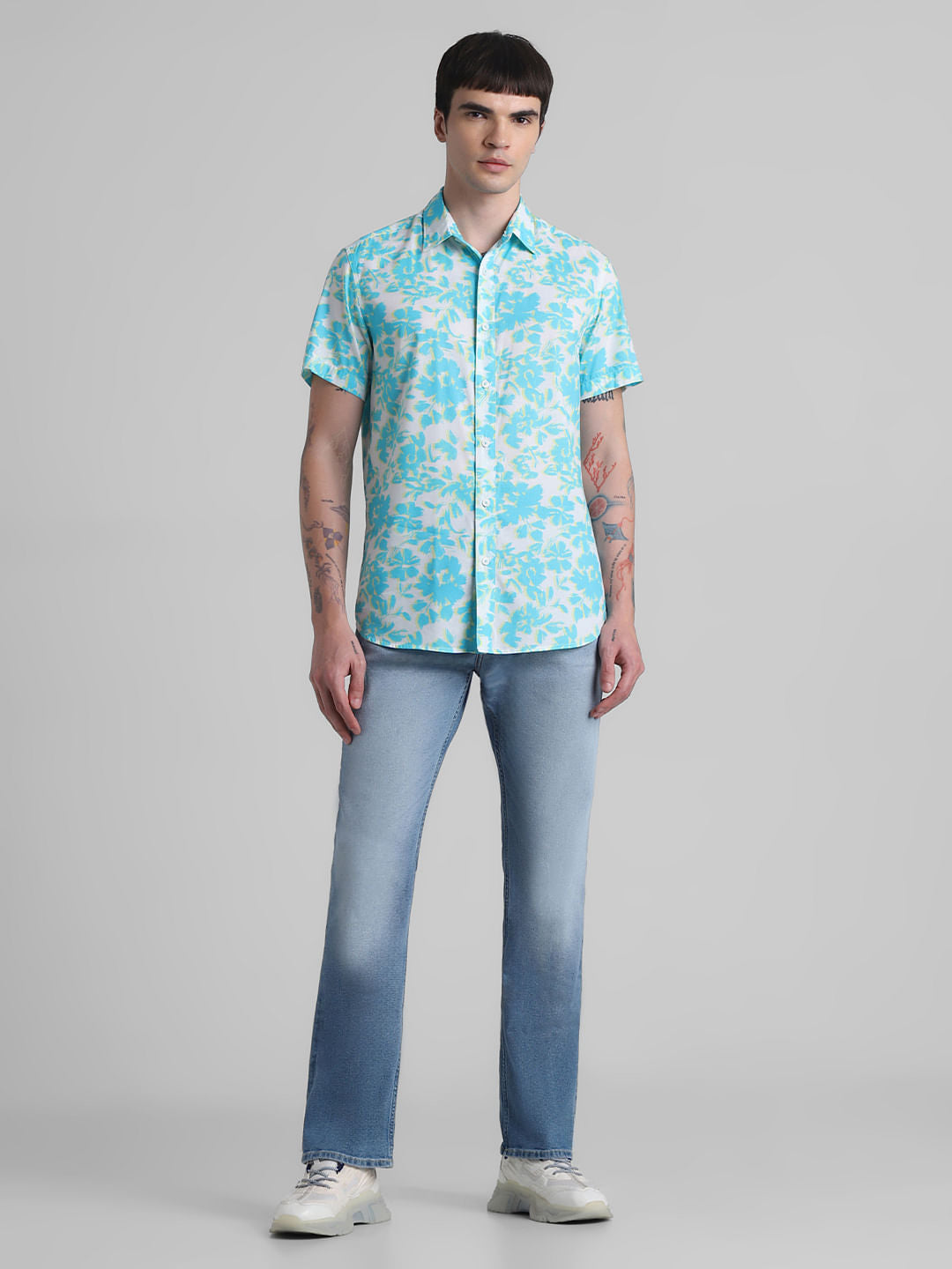 Blue Floral Short Sleeves Shirt