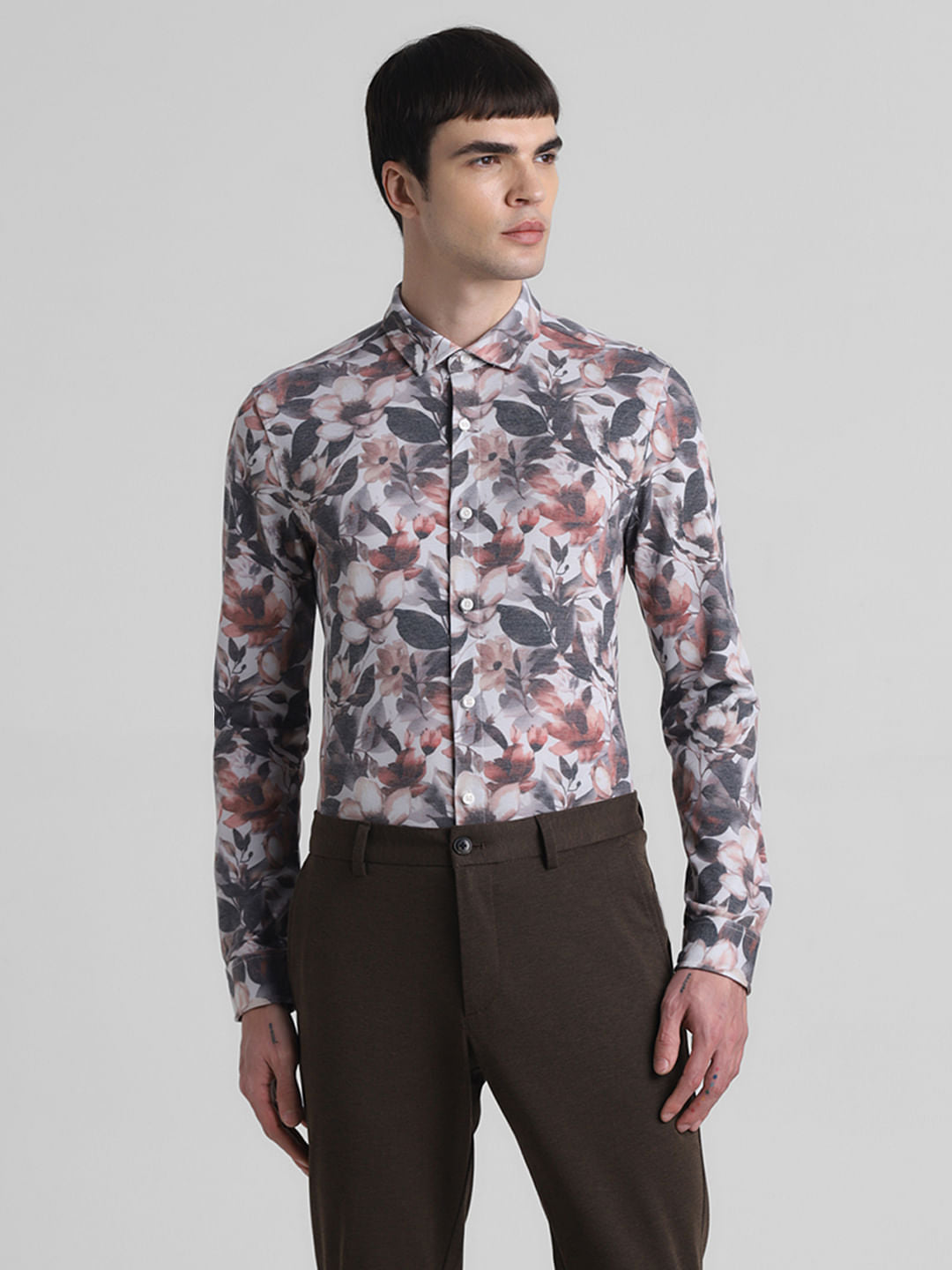 Grey Floral Full Sleeves Shirt