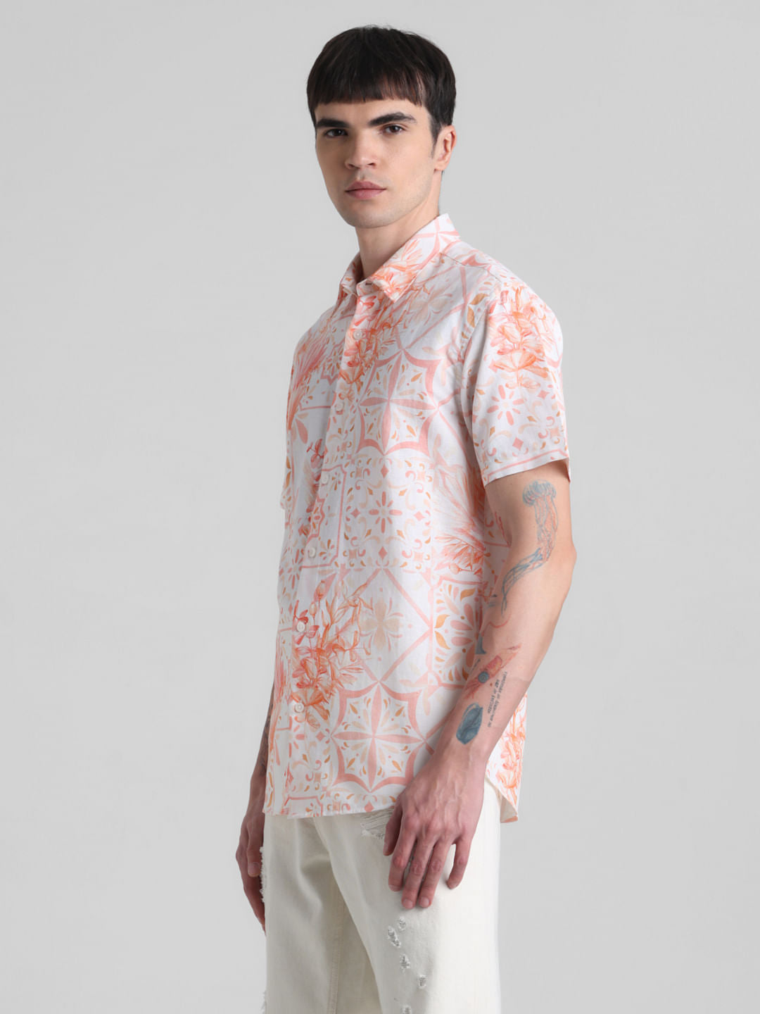 Peach Linen Blend Printed Shirt