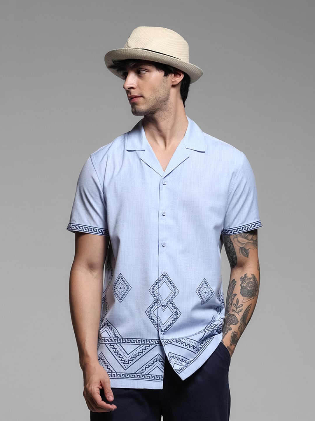 Blue Abstract Print Short Sleeves Shirt