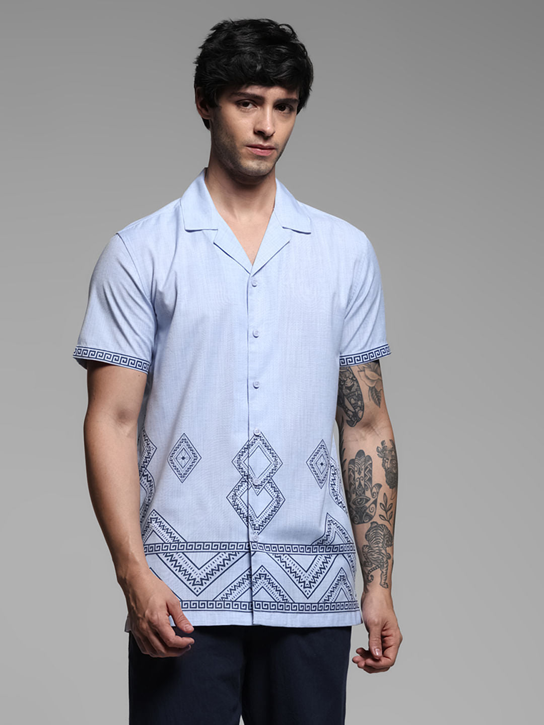 Blue Abstract Print Short Sleeves Shirt