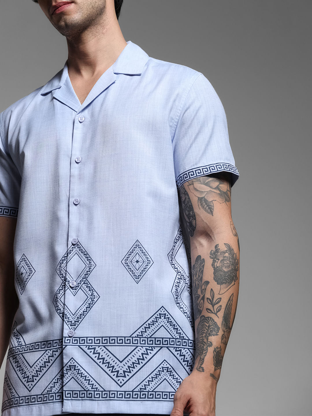 Blue Abstract Print Short Sleeves Shirt