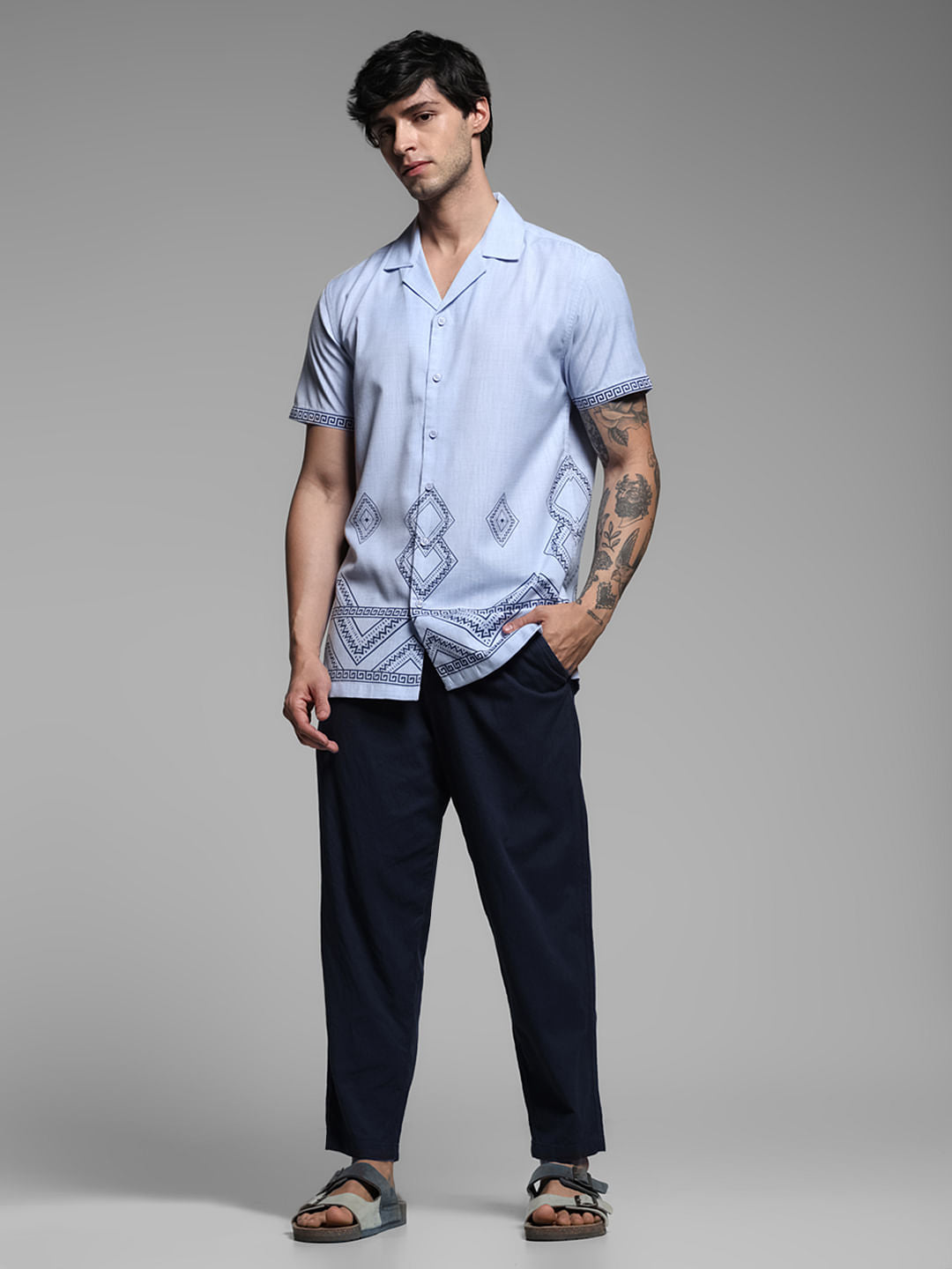 Blue Abstract Print Short Sleeves Shirt