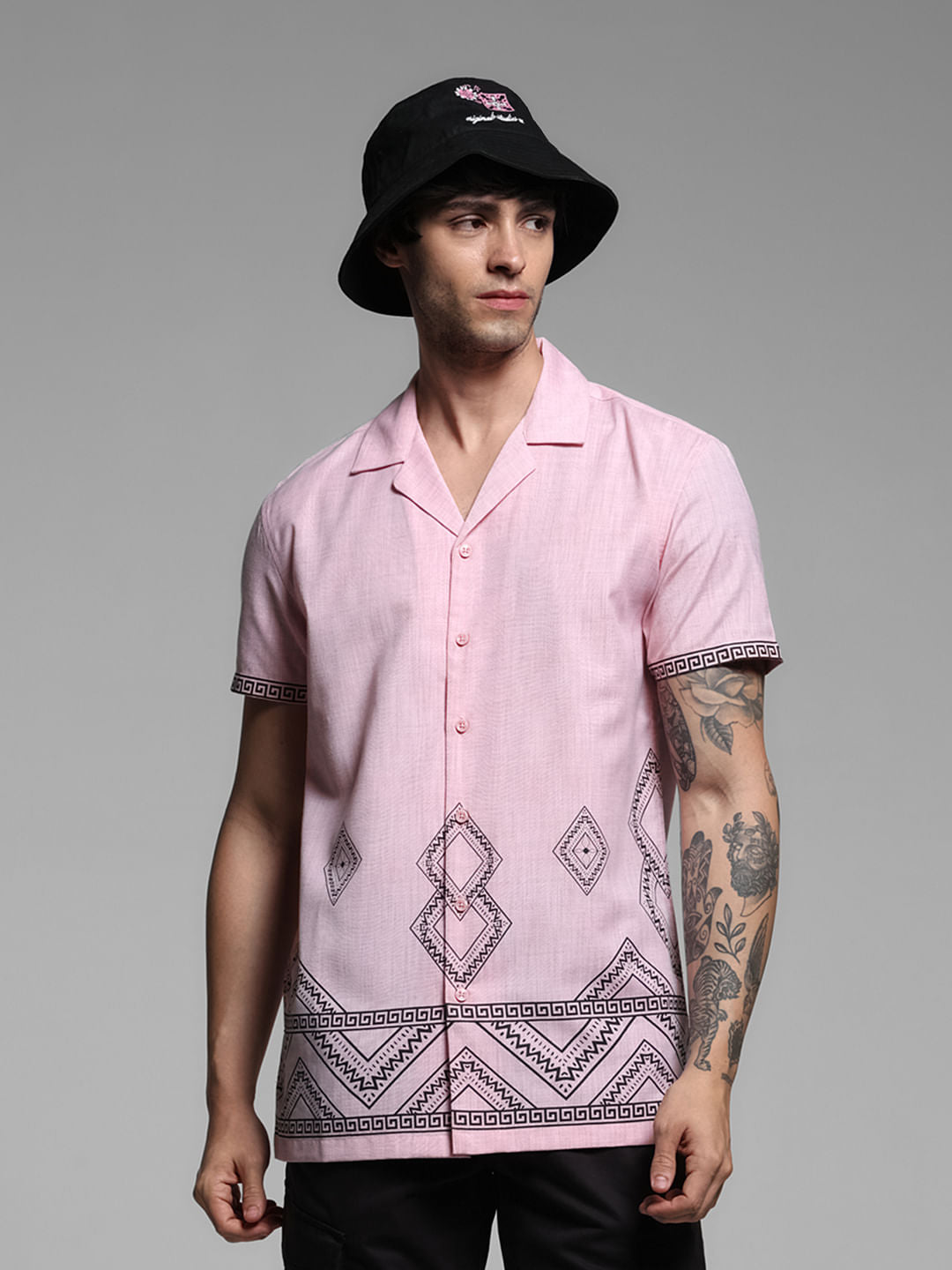 Pink Abstract Print Short Sleeves Shirt