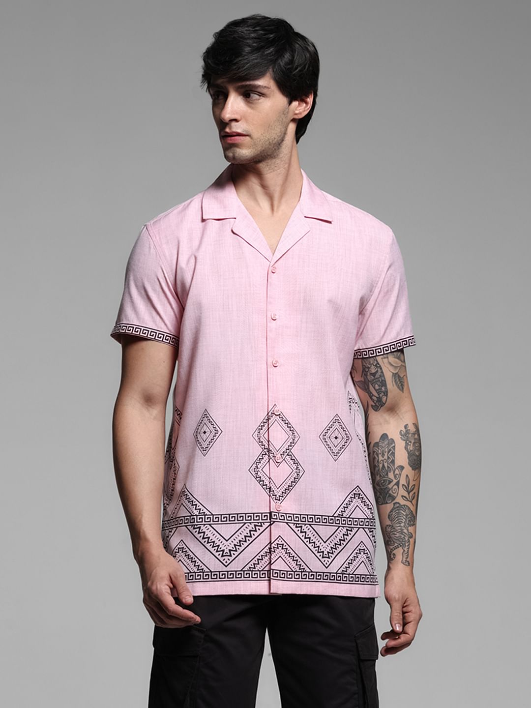 Pink Abstract Print Short Sleeves Shirt