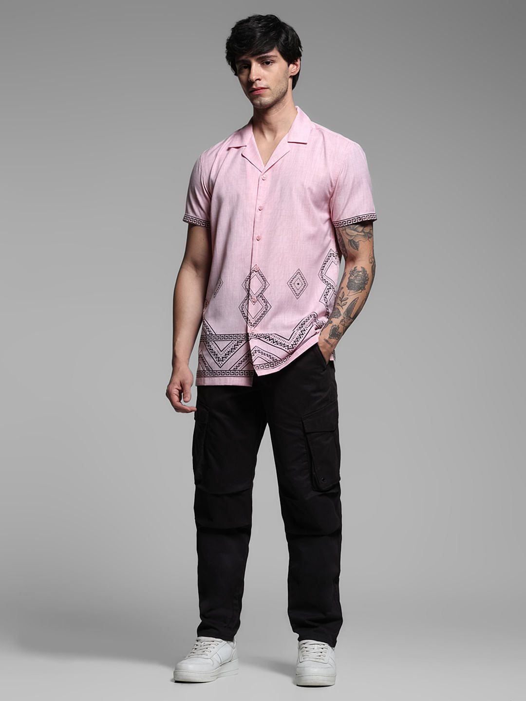 Pink Abstract Print Short Sleeves Shirt