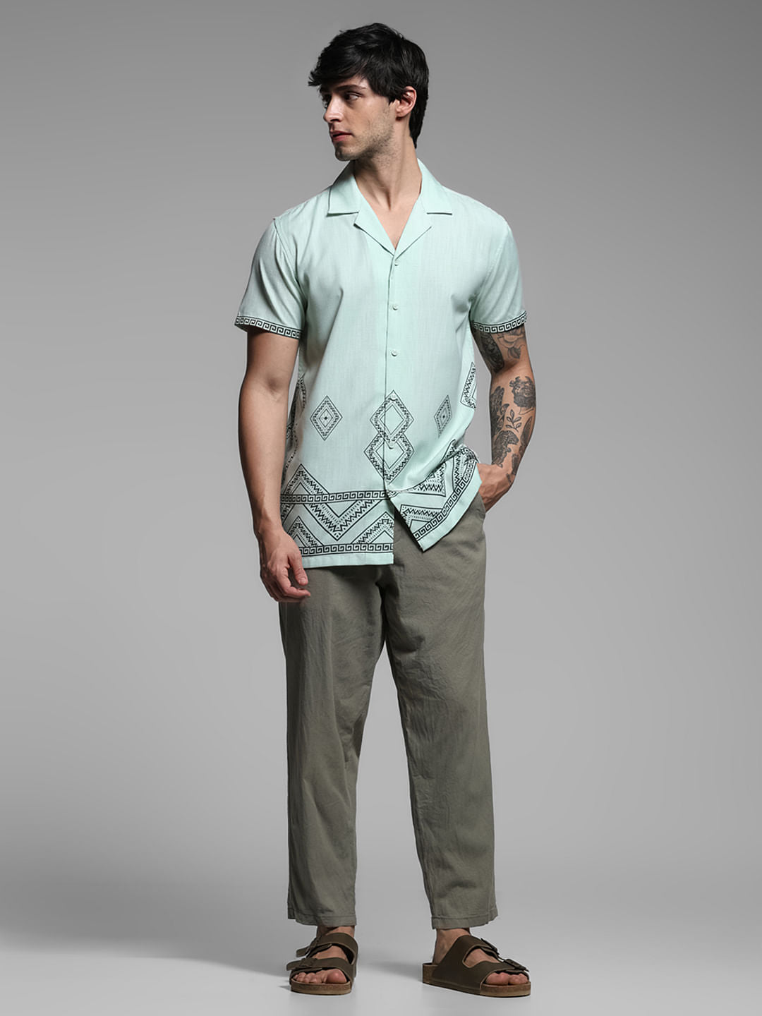 Green Abstract Print Short Sleeves Shirt