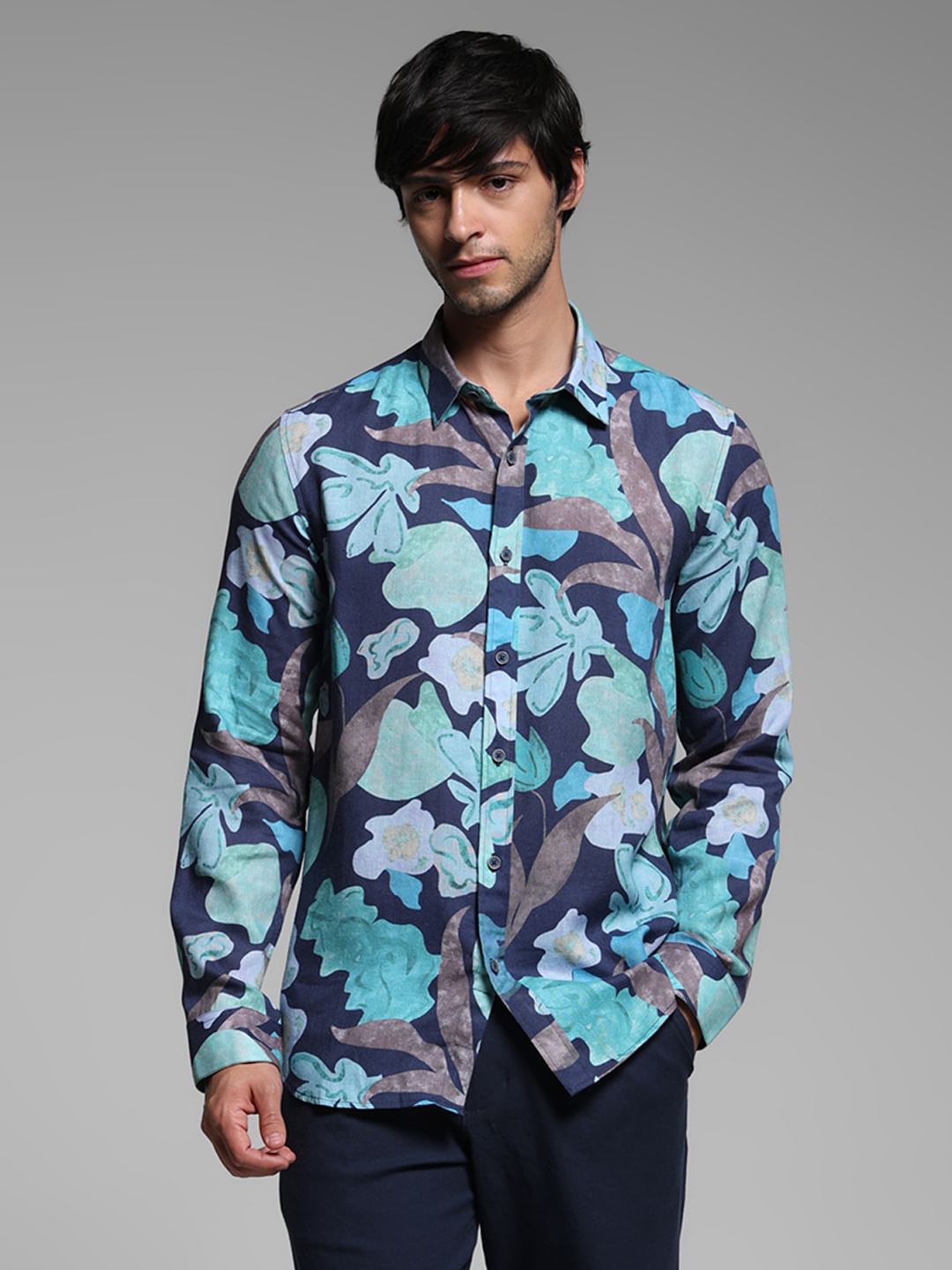 Blue Floral Lyocell Linen Shirt