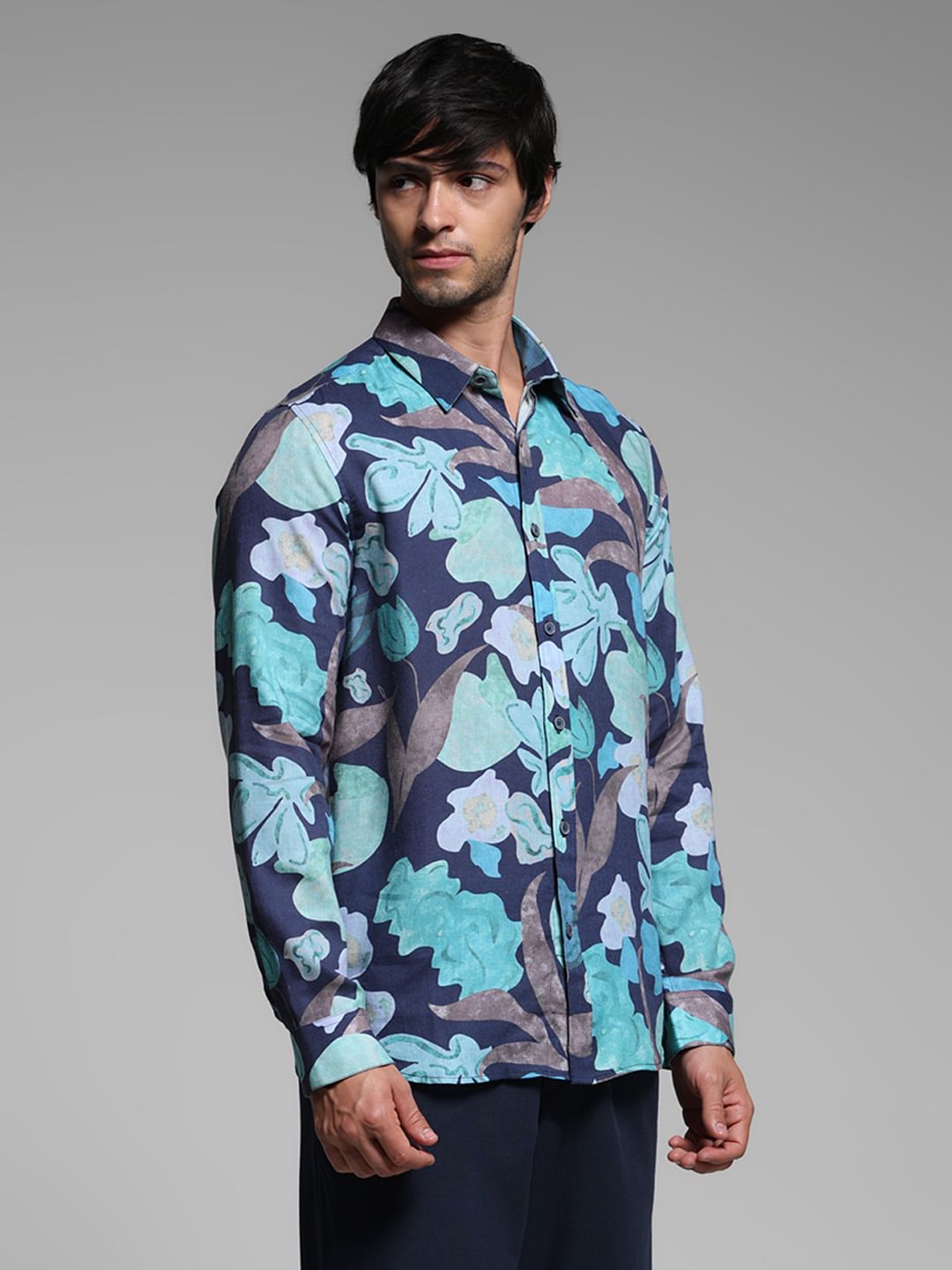 Blue Floral Lyocell Linen Shirt