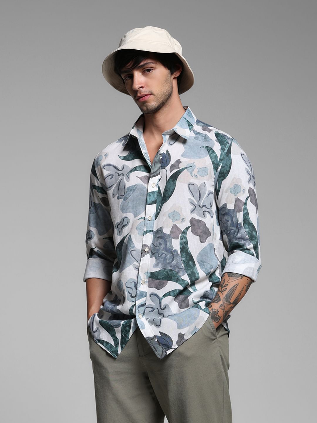White Floral Lyocell Linen Shirt