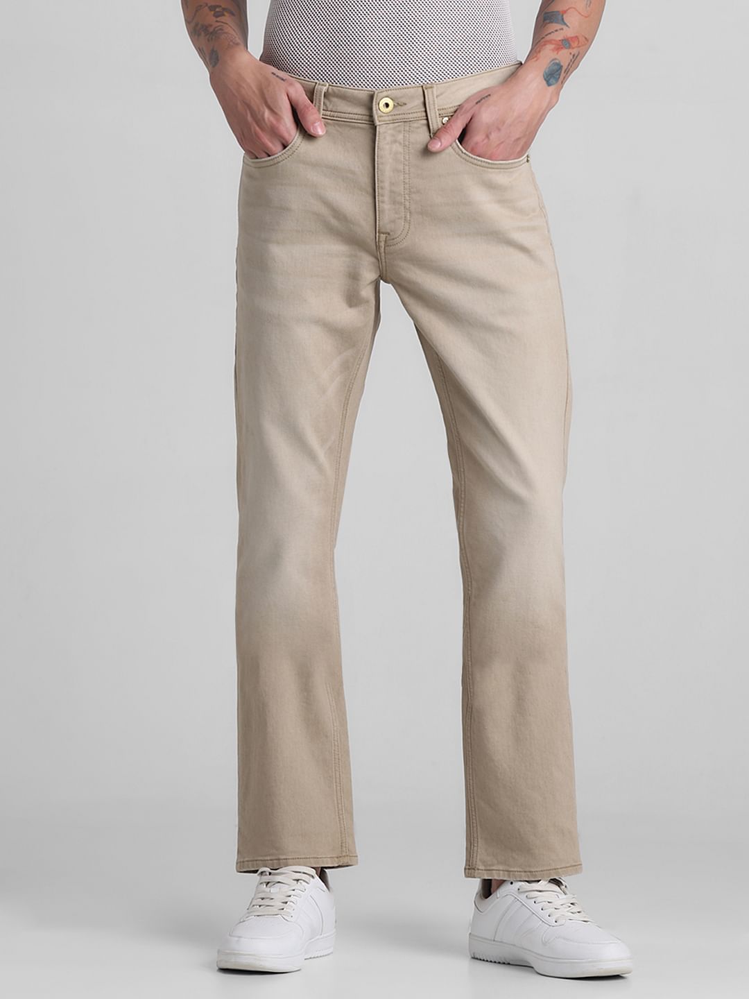 Beige Mid Rise Clark Regular Fit Jeans