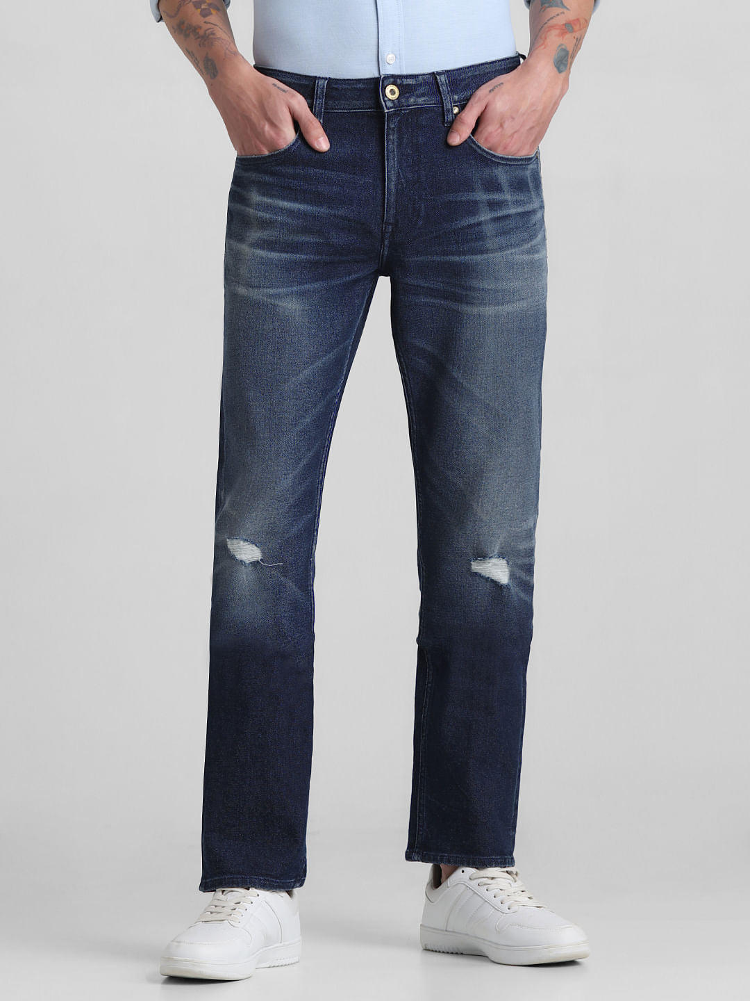 Dark Blue Mid Rise Distressed Regular Fit Jeans