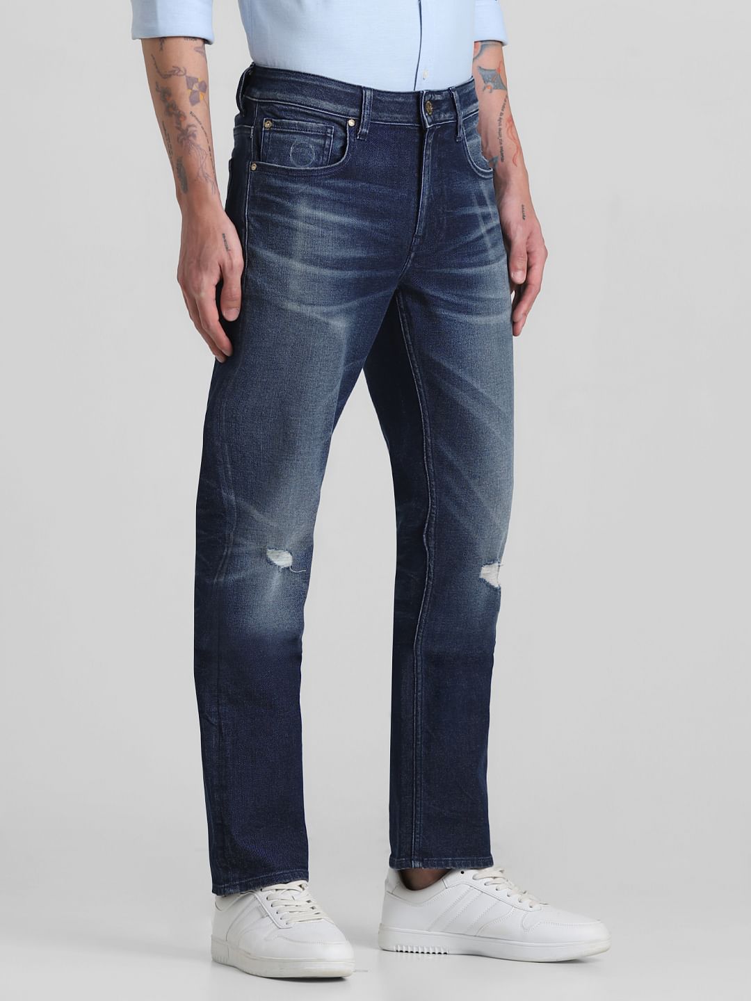 Dark Blue Mid Rise Distressed Regular Fit Jeans
