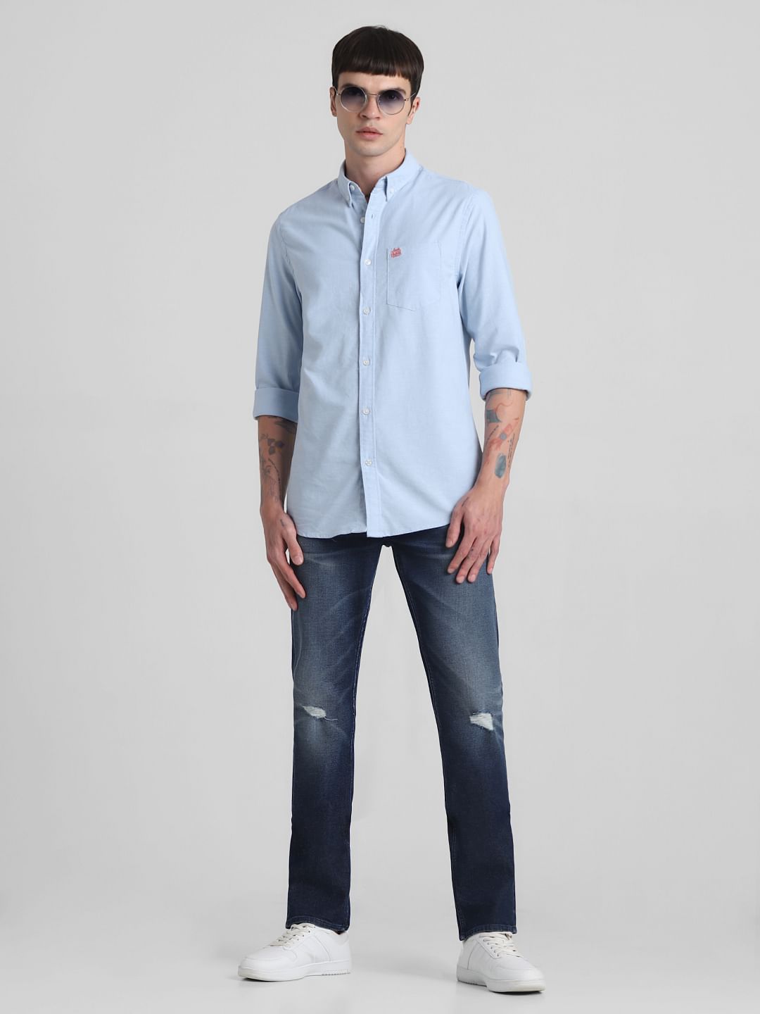 Dark Blue Mid Rise Distressed Regular Fit Jeans