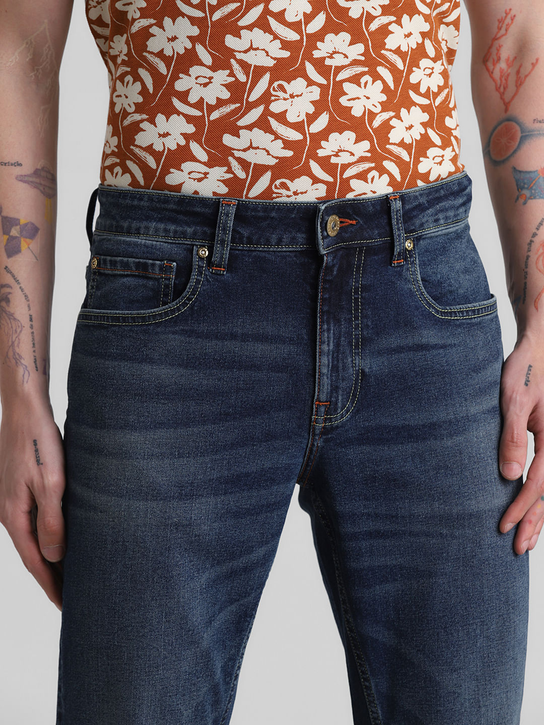 Blue Mid Rise Washed Clark Regular Fit Jeans