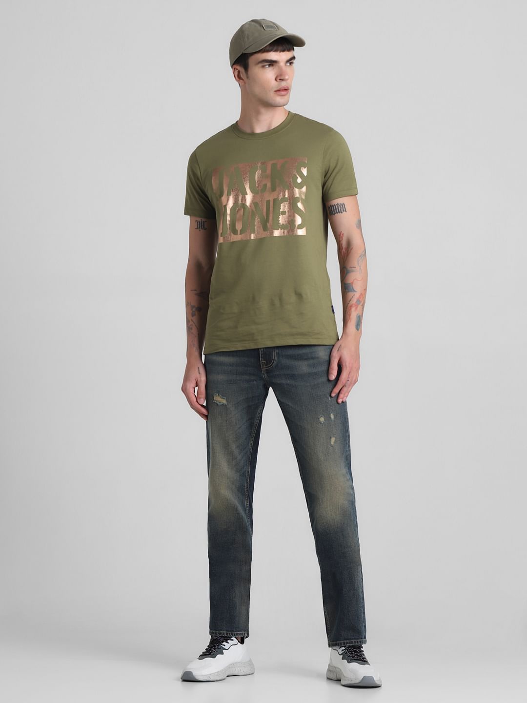 Dark Blue Mid Rise Distressed Regular Fit Jeans