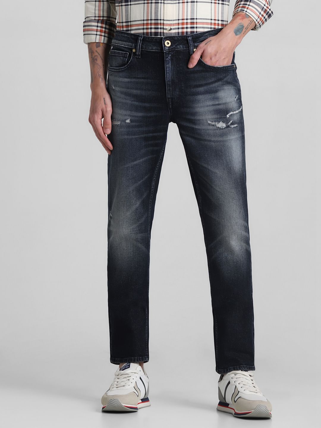 Dark Blue Mid Rise Distressed Regular Fit Jeans