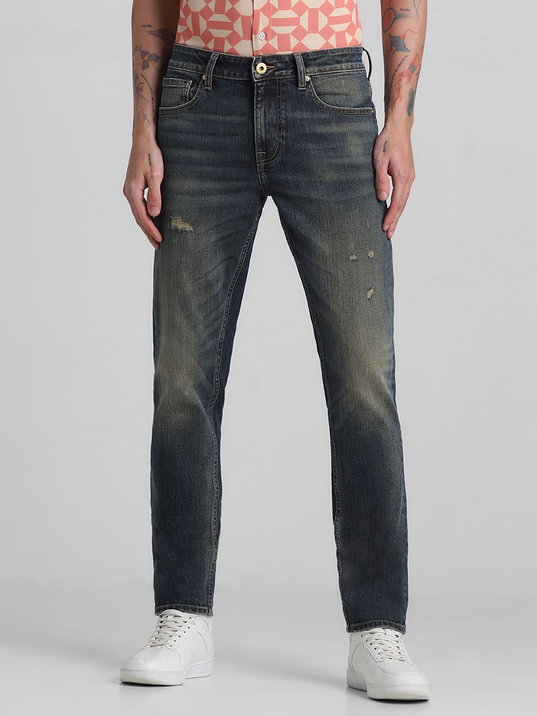 Dark Blue Low Rise Distressed Slim Fit Jeans