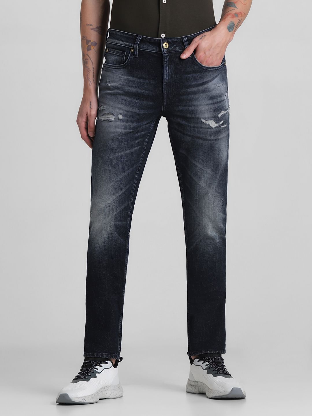 Dark Blue Low Rise Distressed Slim Fit Jeans