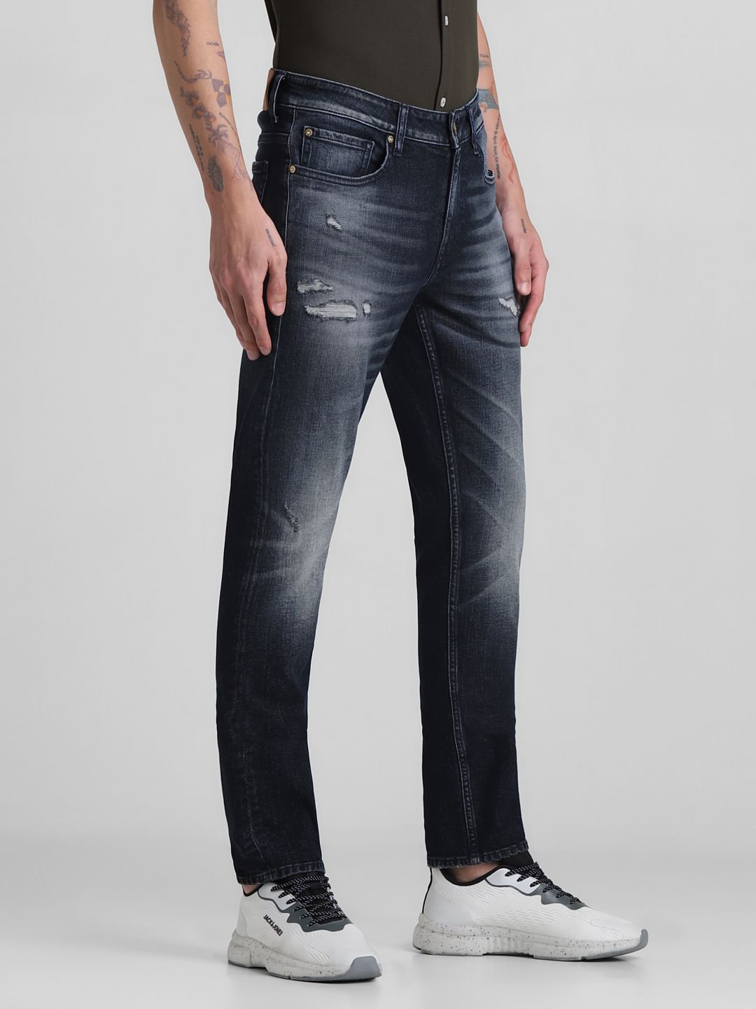 Dark Blue Low Rise Distressed Slim Fit Jeans