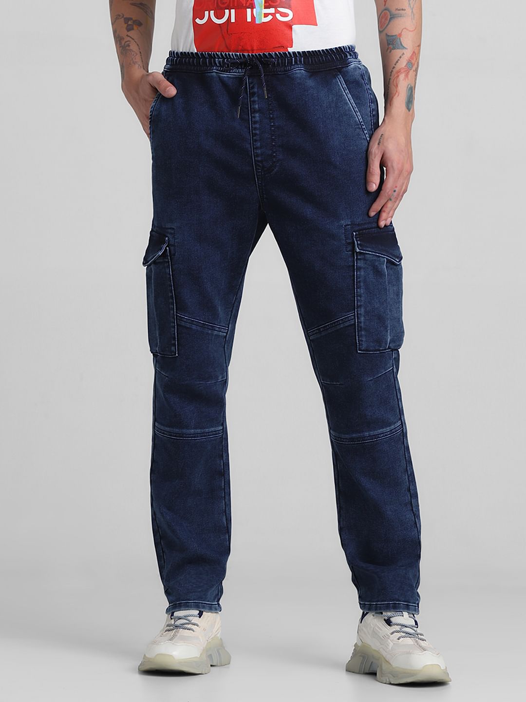 Dark Blue Low Rise Washed Denim Joggers