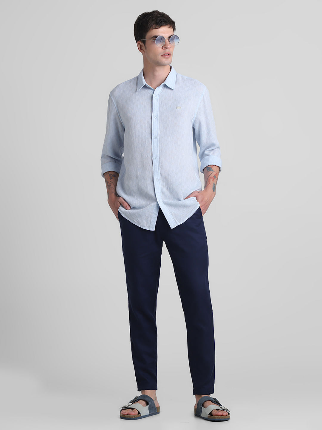 Navy Blue Mid Rise Cotton Pants