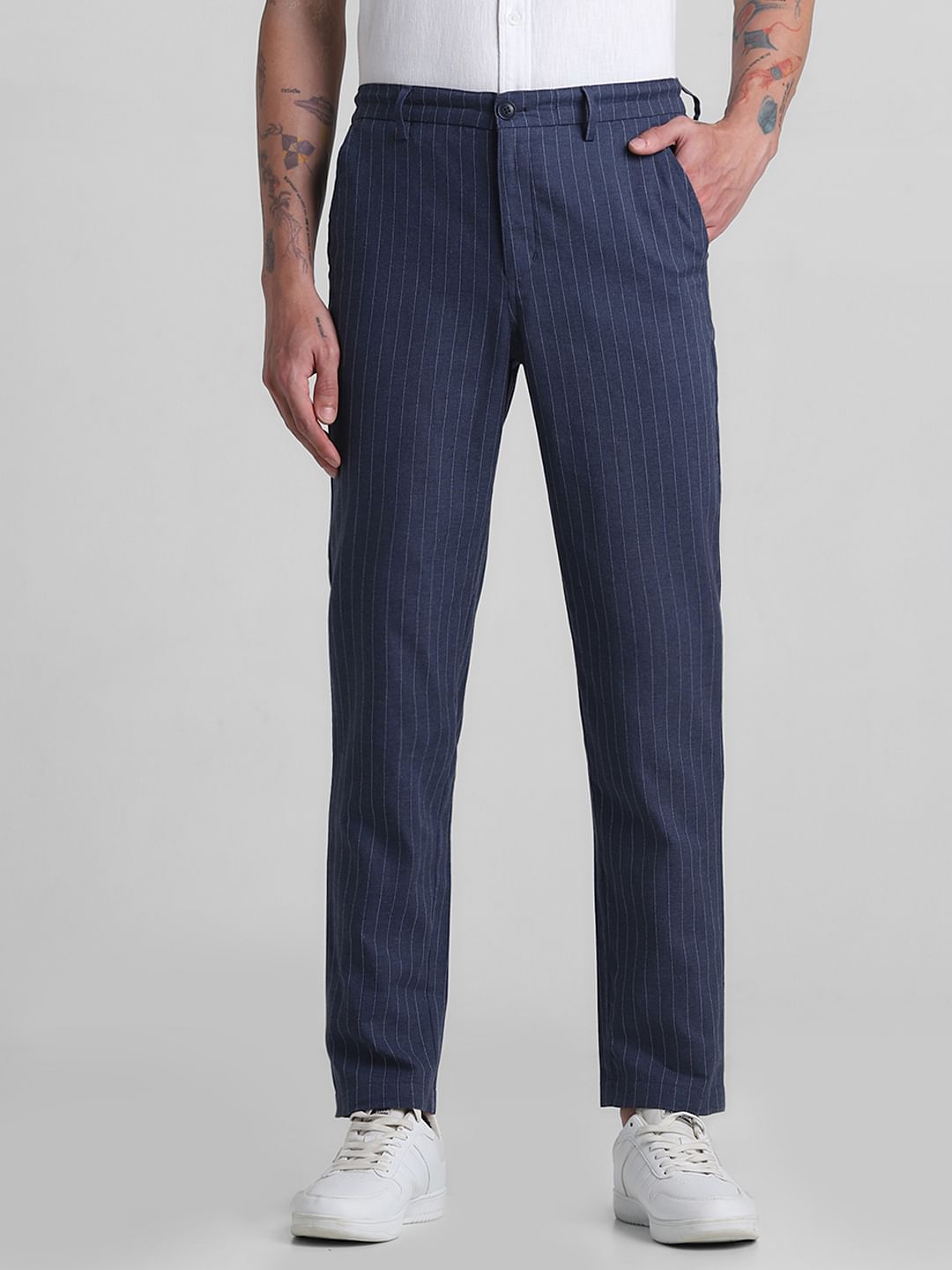 Navy Blue Mid Rise Striped Cotton Pants