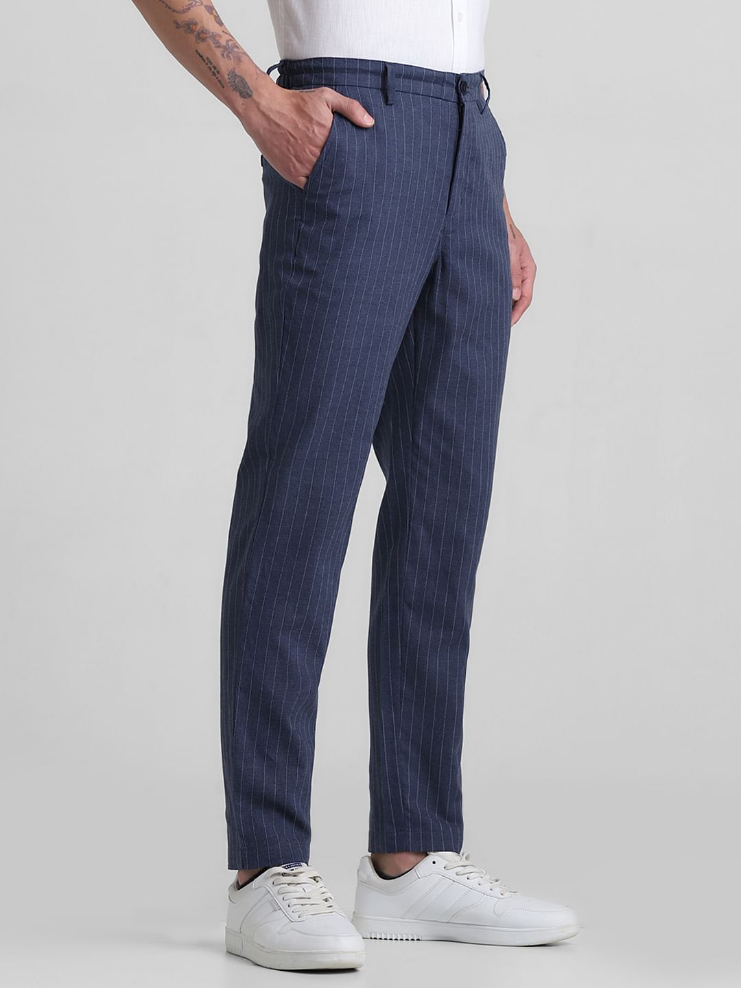 Navy Blue Mid Rise Striped Cotton Pants
