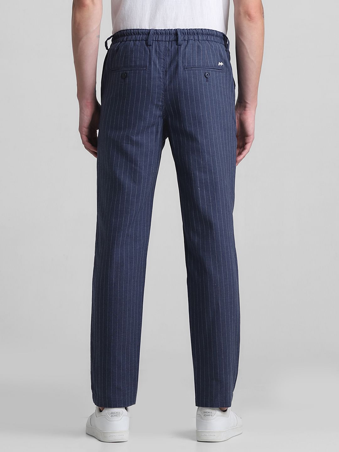 Navy Blue Mid Rise Striped Cotton Pants