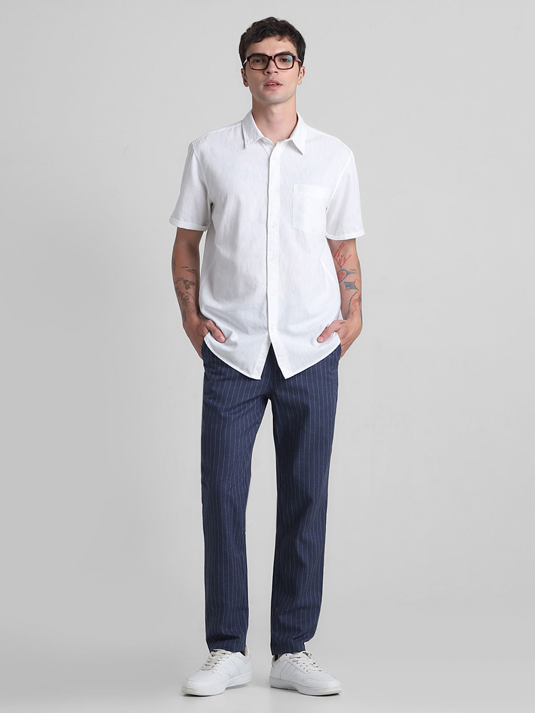 Navy Blue Mid Rise Striped Cotton Pants