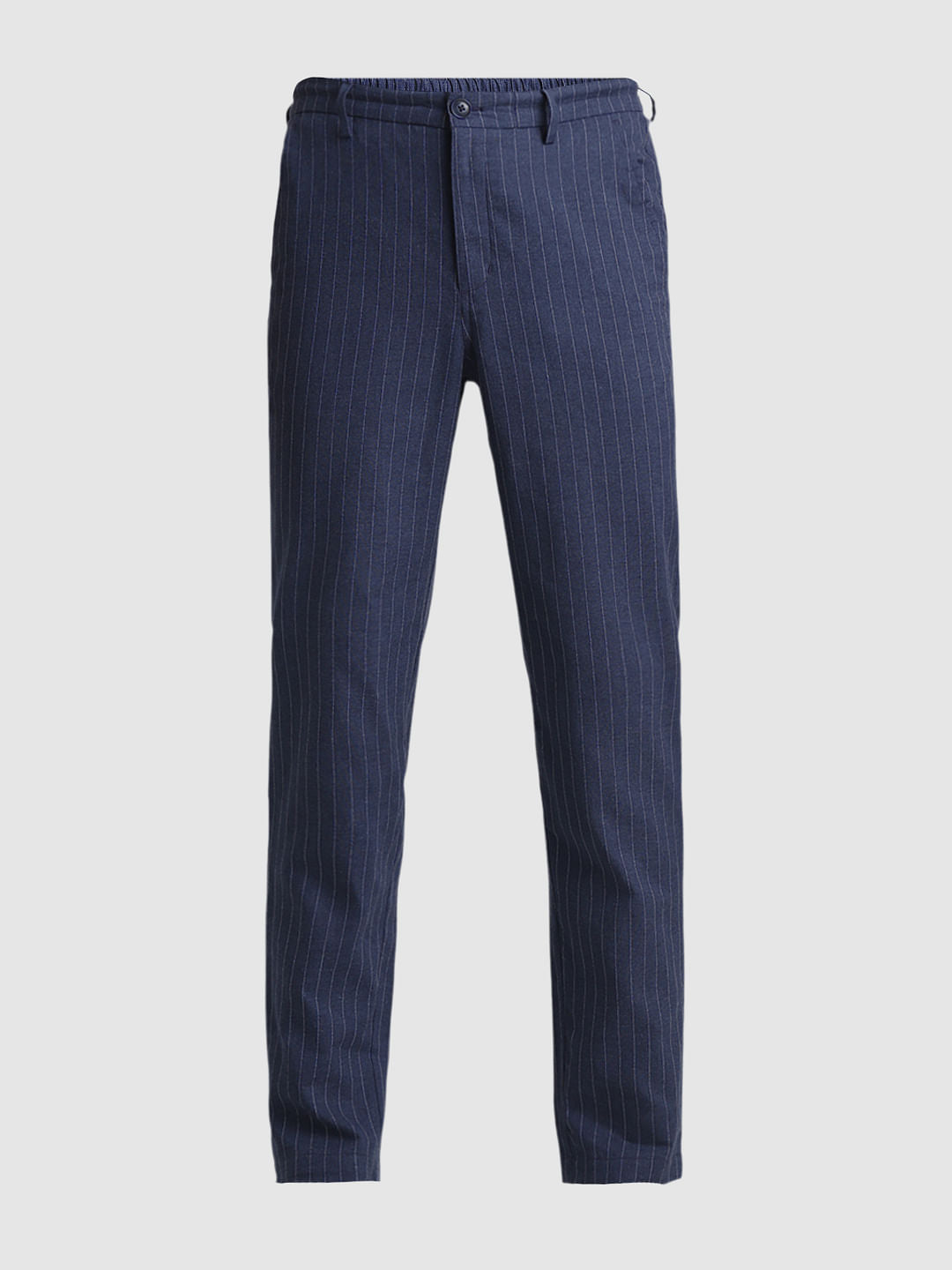 Navy Blue Mid Rise Striped Cotton Pants