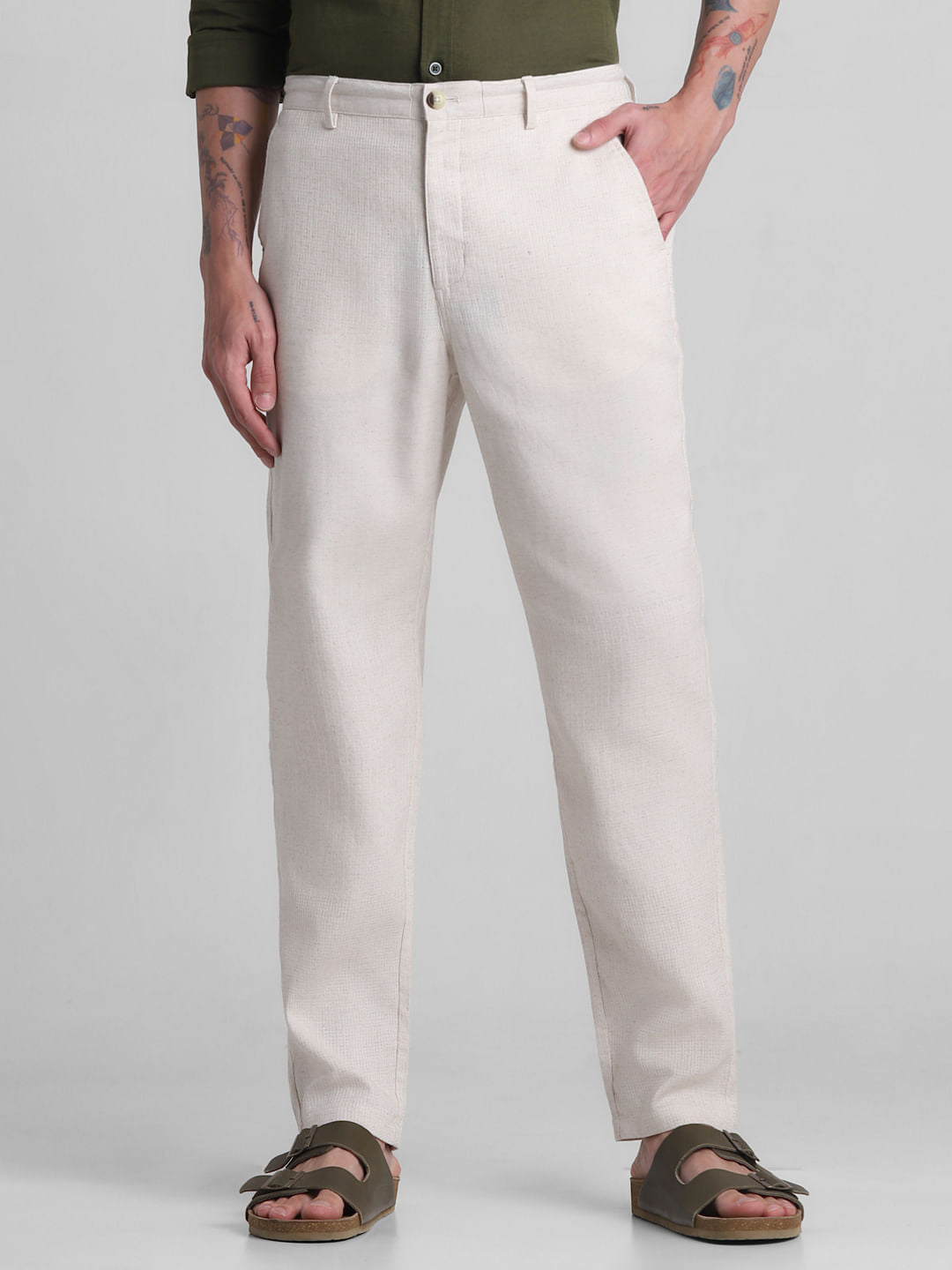 Beige Mid Rise Slim Fit Pants