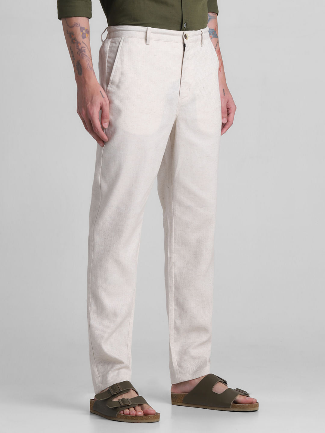 Beige Mid Rise Slim Fit Pants