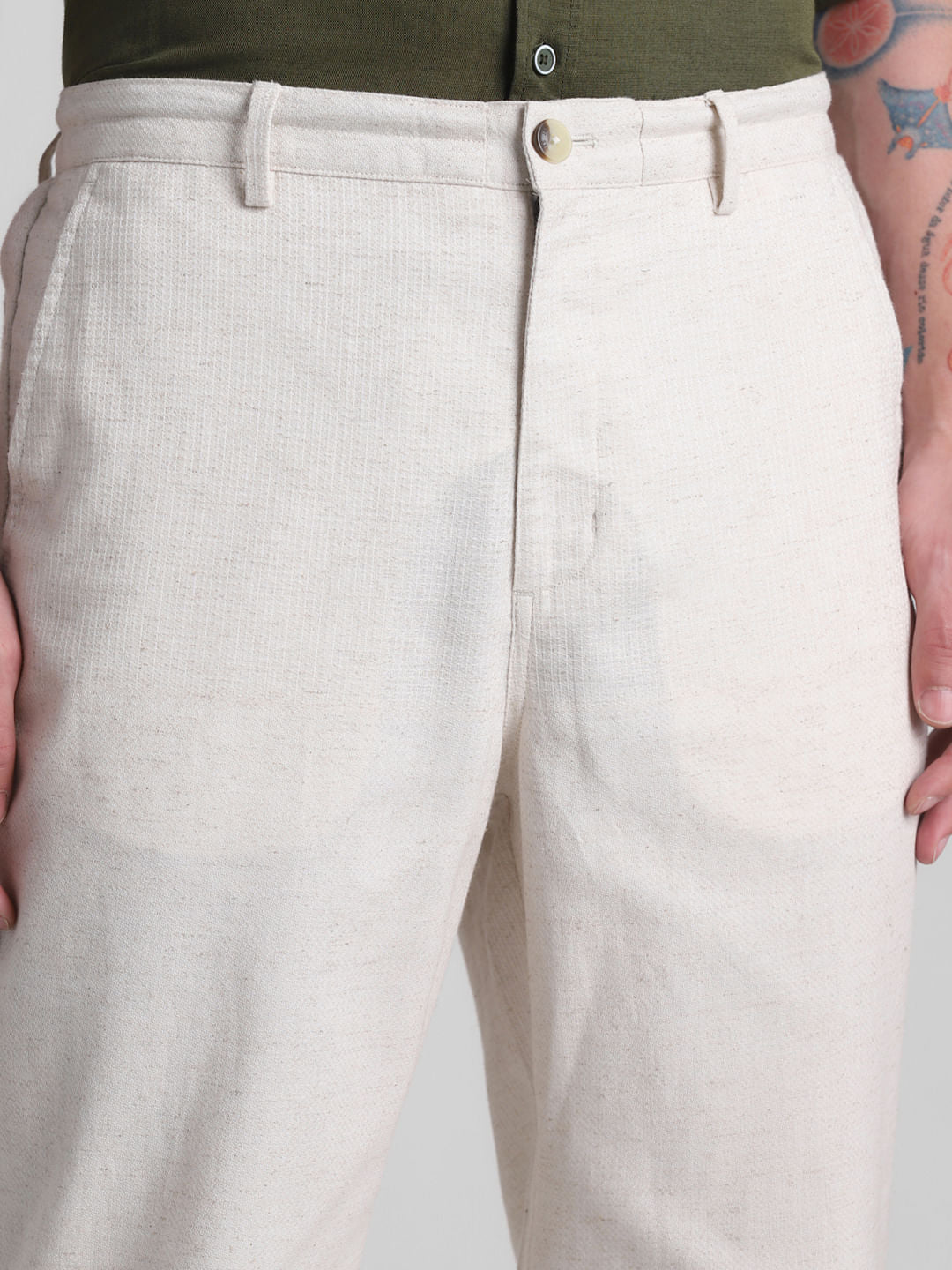 Beige Mid Rise Slim Fit Pants