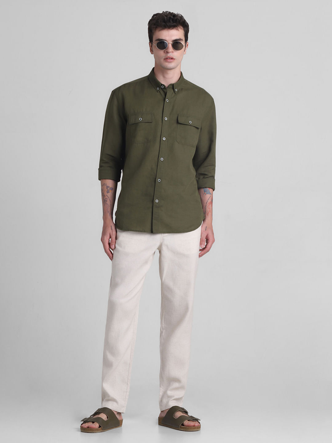 Beige Mid Rise Slim Fit Pants