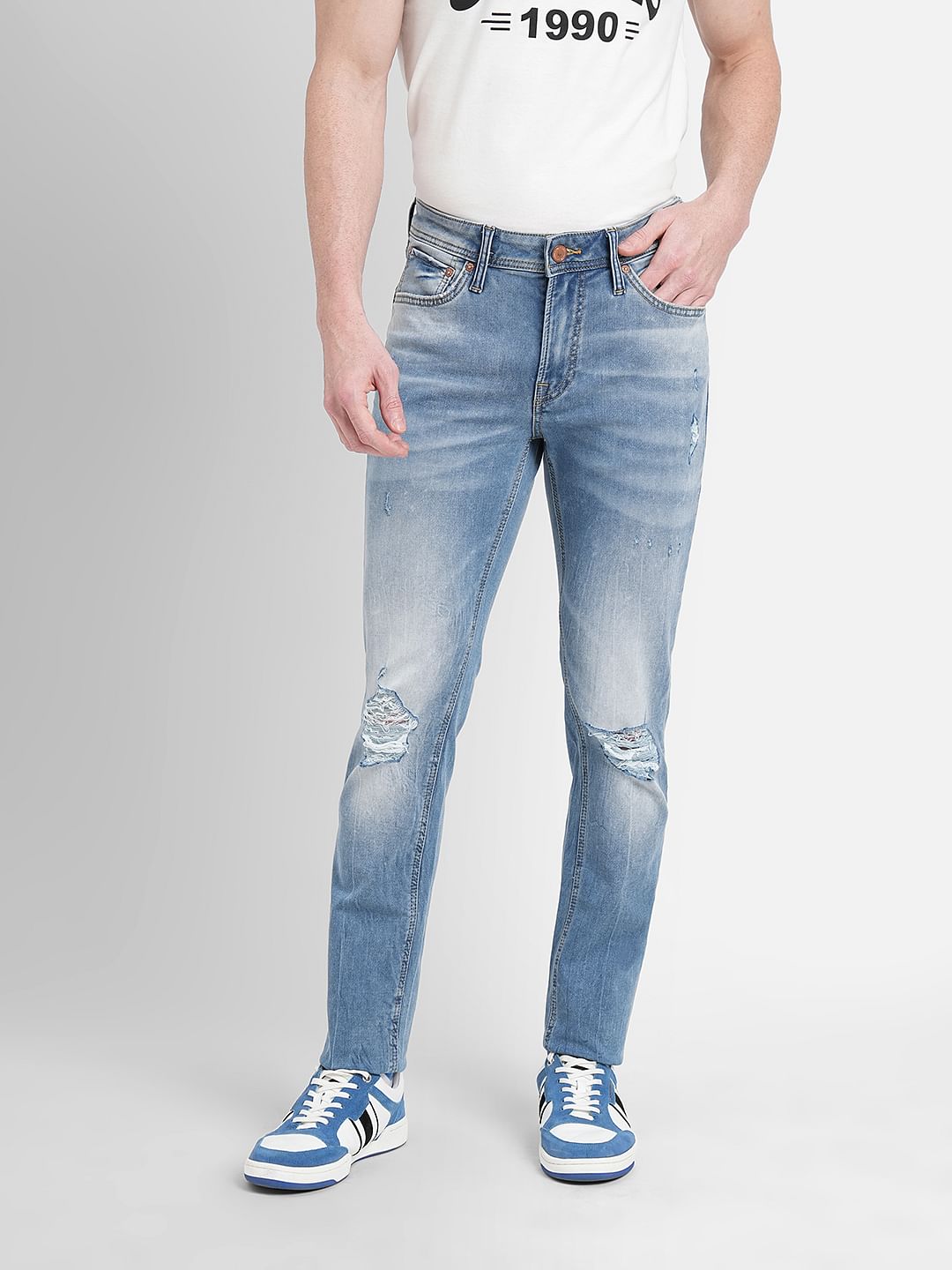 Blue Low Rise Distressed Ben Skinny Fit Jeans