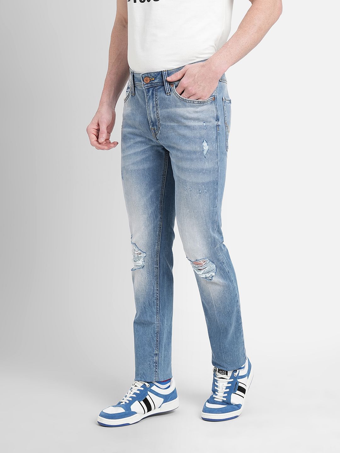 Blue Low Rise Distressed Ben Skinny Fit Jeans