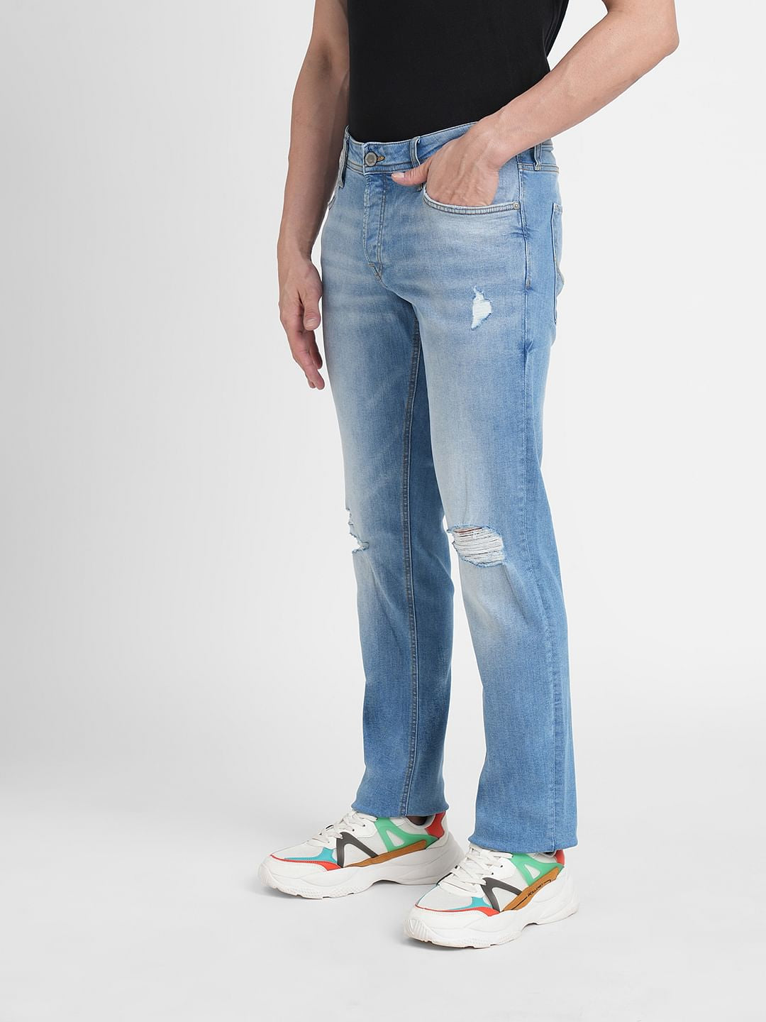 Light Blue Mid Rise Distressed Clark Regular Fit Jeans