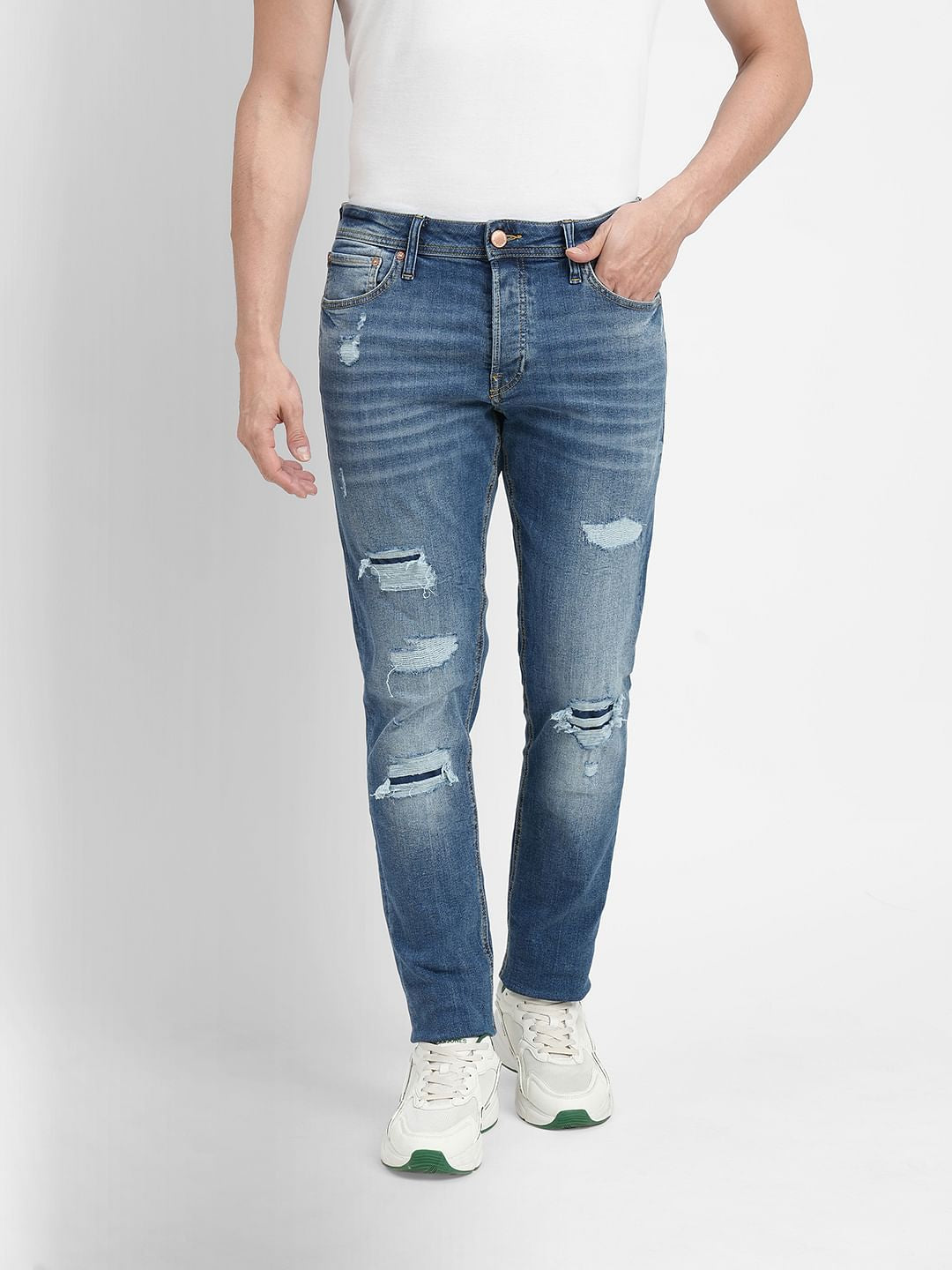 Blue Low Rise Distressed Glenn Slim Fit Jeans
