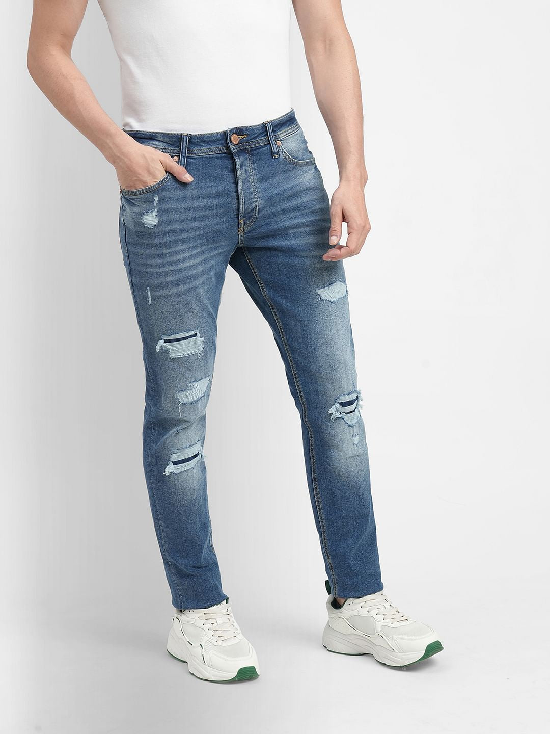 Blue Low Rise Distressed Glenn Slim Fit Jeans