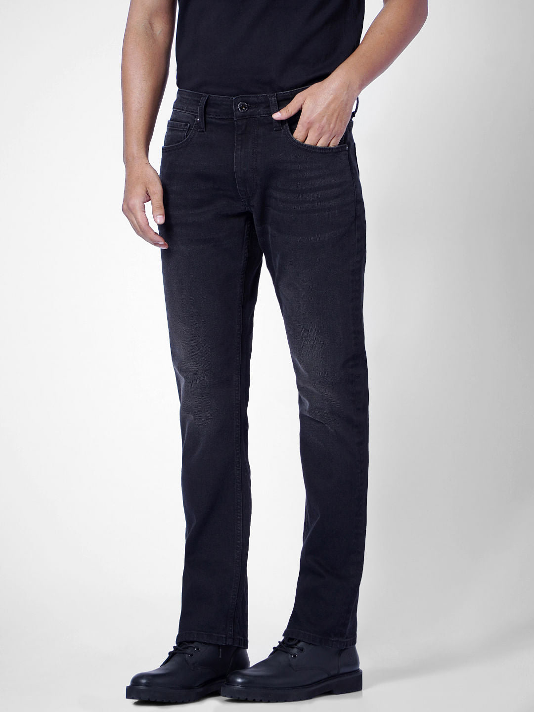 Black Mid Rise Washed Clark Regular Fit Jeans