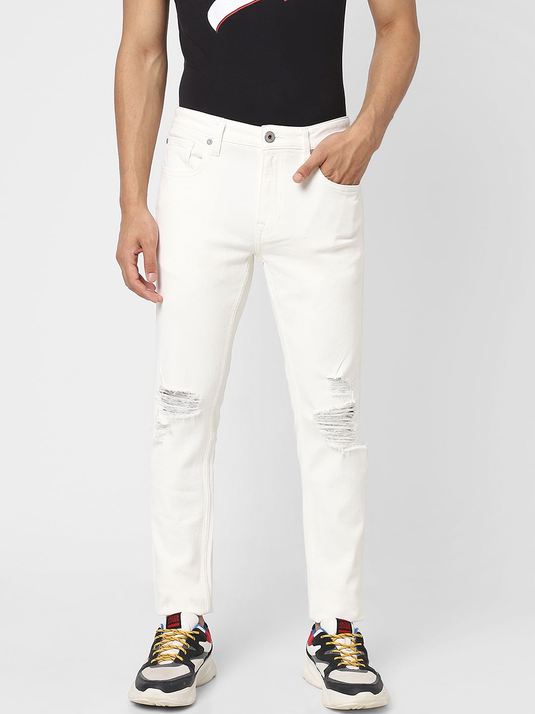 White Low Rise Distressed Ben Skinny Jeans