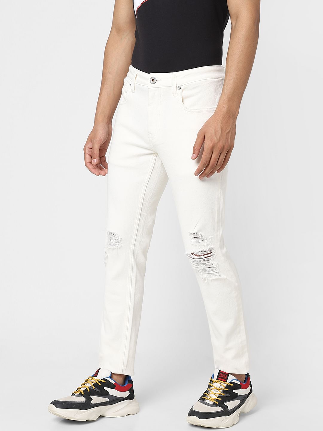 White Low Rise Distressed Ben Skinny Jeans