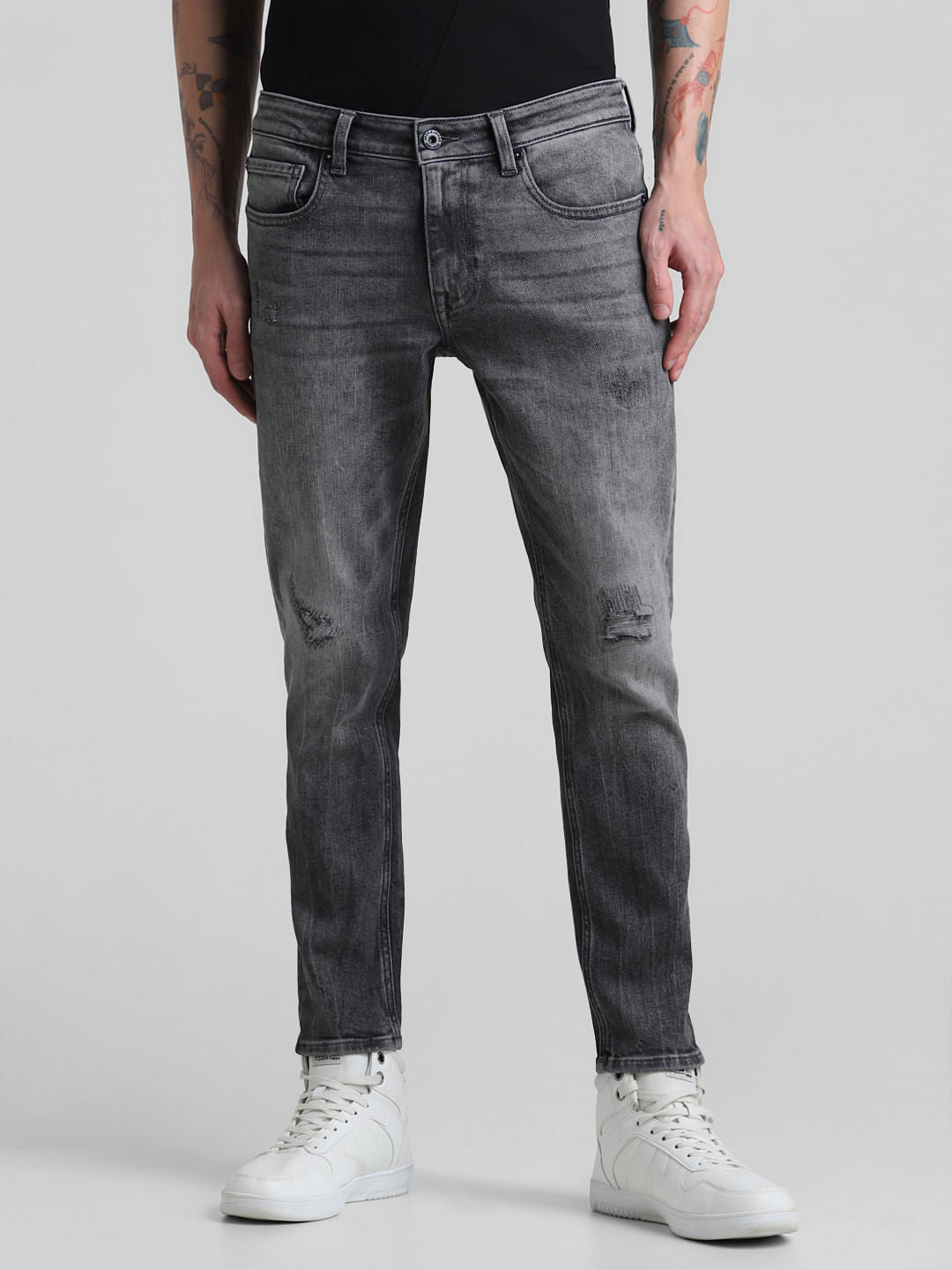 Grey Distressed Cropped Slim Fit Jeans
