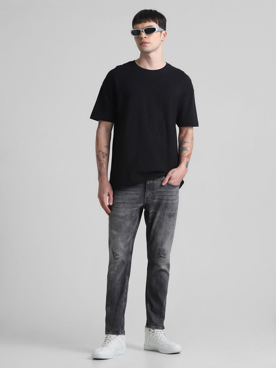 Grey Distressed Cropped Slim Fit Jeans