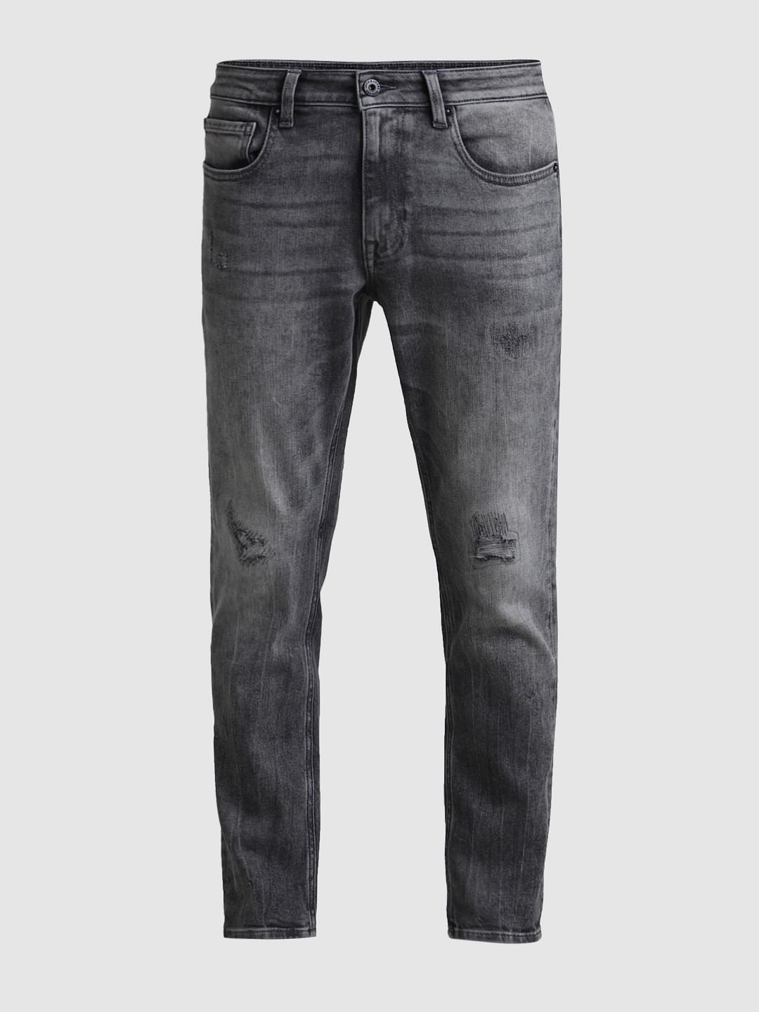 Grey Distressed Cropped Slim Fit Jeans