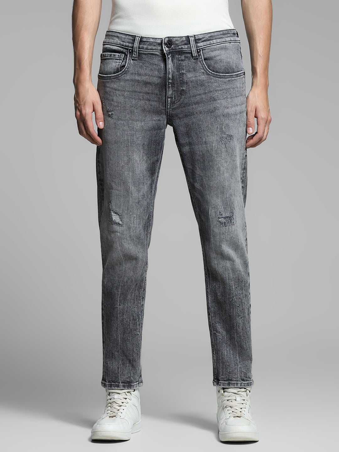 Grey Distressed Cropped Slim Fit Jeans