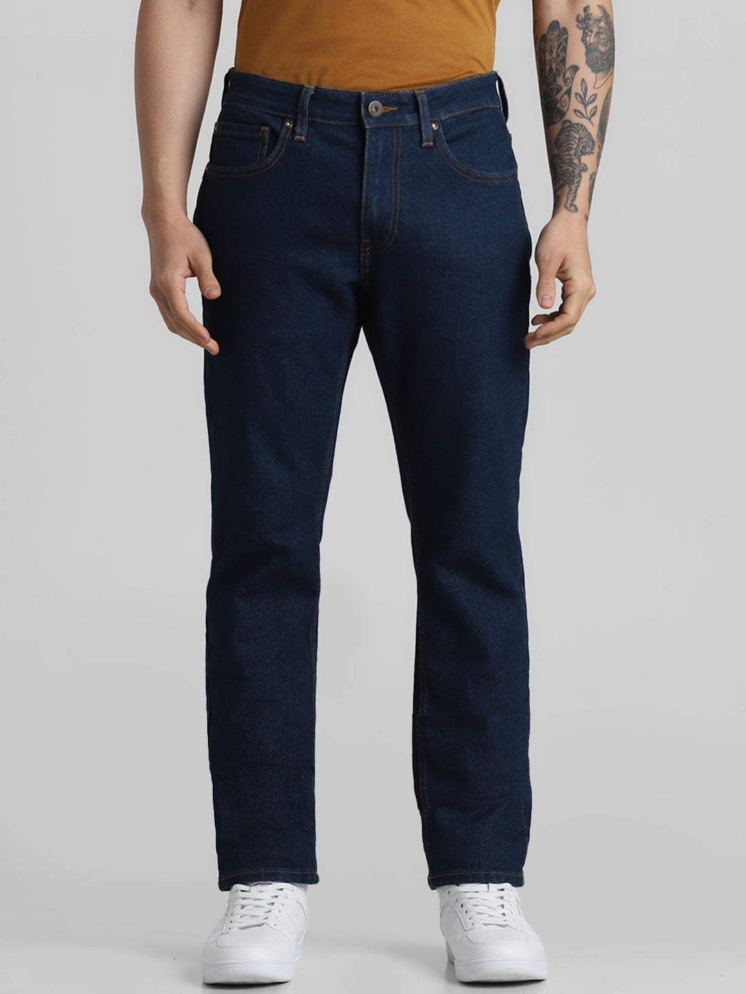 Men's Dark Blue Regular Fit Straight Leg Stretch Jeans